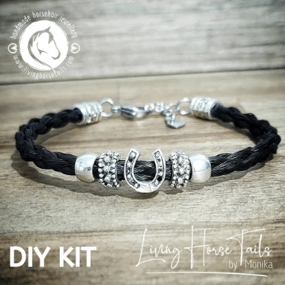 Living Horse Tails DIY Kit Horsehair Braided Bracelet with Horse Shoe - silver tones